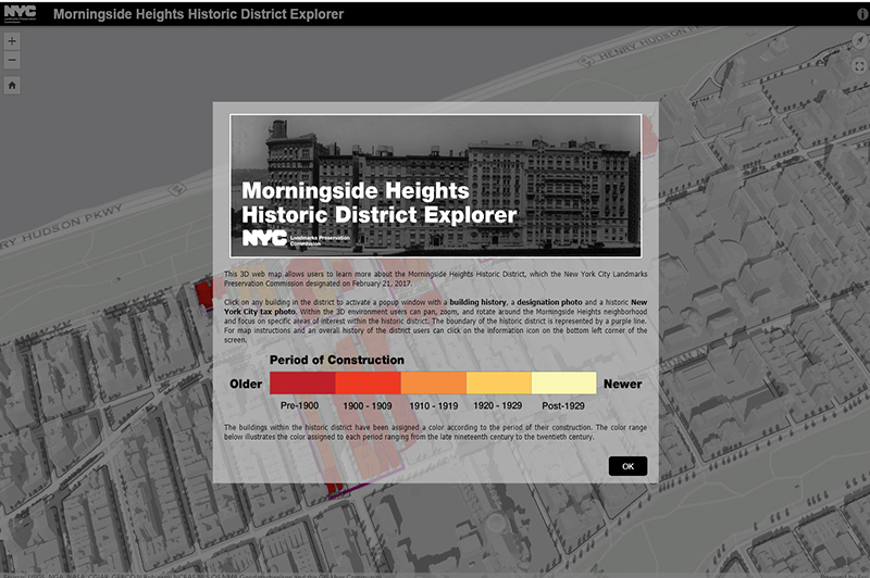3-D map of Morningside Heights Historic District with a pop-up highlighting the period of construction for buildings via a graph and photo